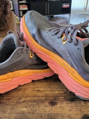 Hoka One One Gray Running Shoes with Coral And Orange Accents